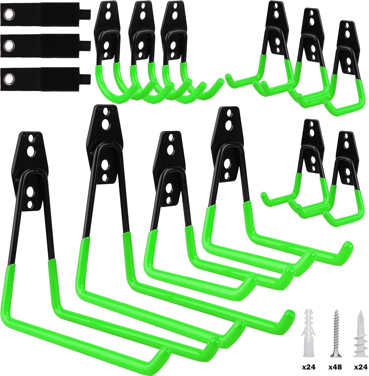 SEDY 15-Piece Heavy-Duty Garage Hook Assortment with Green Rubber Coating for Tools and Bikes Storage