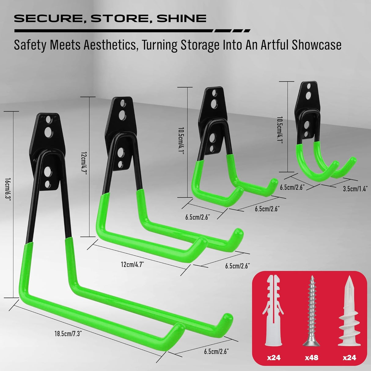SEDY 15-Piece Heavy-Duty Garage Hook Assortment with Green Rubber Coating for Tools and Bikes Storage