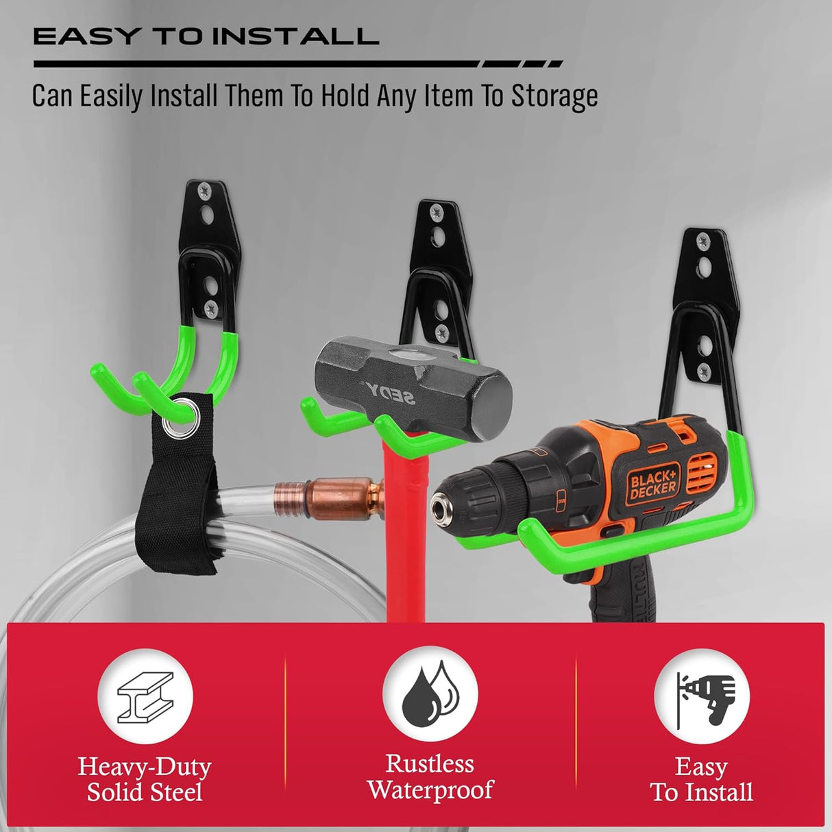 SEDY 15-Piece Heavy-Duty Garage Hook Assortment with Green Rubber Coating for Tools and Bikes Storage