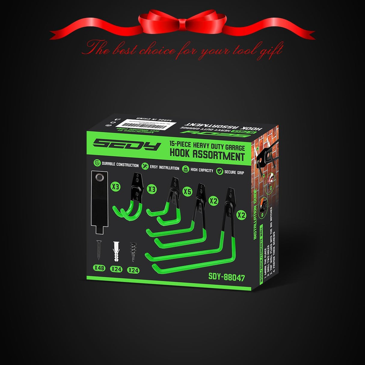 SEDY 15-Piece Heavy-Duty Garage Hook Assortment with Green Rubber Coating for Tools and Bikes Storage