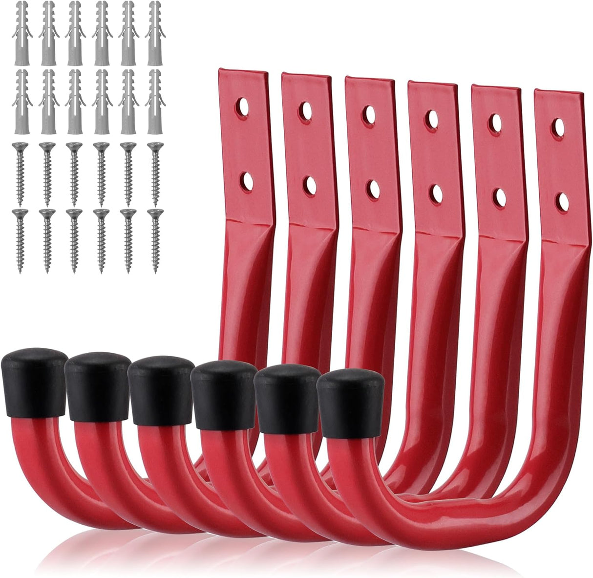 Red heavy duty garage storage utility hooks set for wall mounting tools, ladders, hoses, and bags.