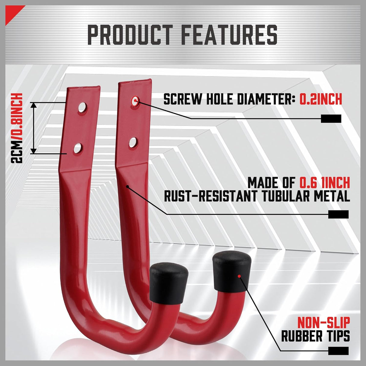 Red heavy duty garage storage utility hooks set for wall mounting tools, ladders, hoses, and bags.