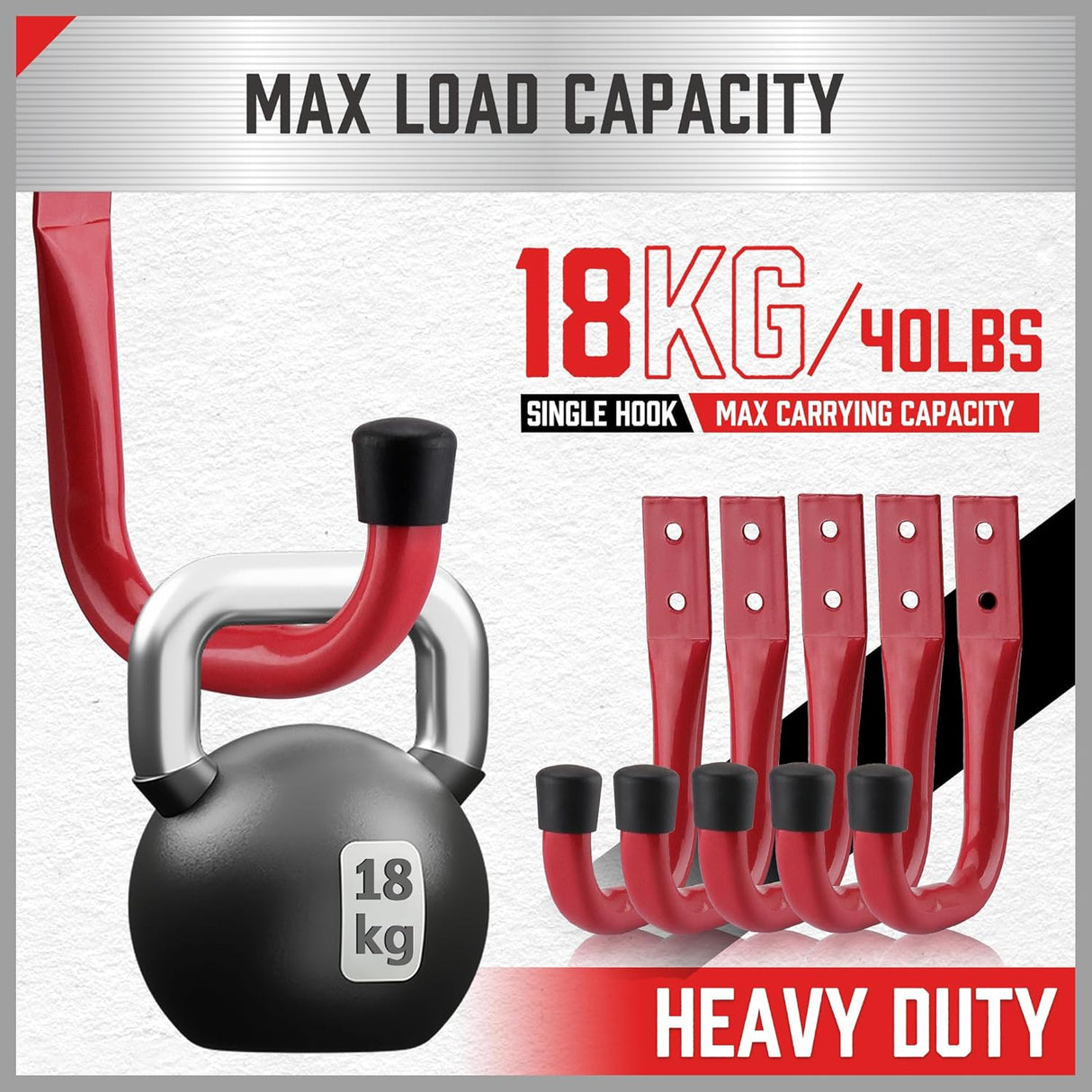 Red heavy duty garage storage utility hooks set for wall mounting tools, ladders, hoses, and bags.