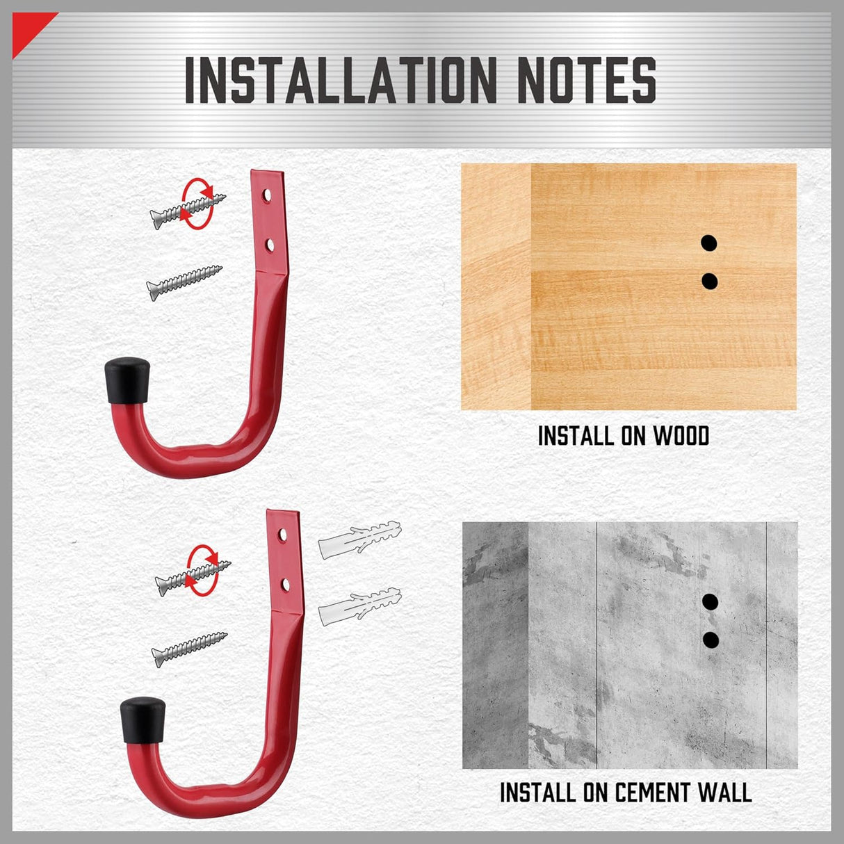 Red heavy duty garage storage utility hooks set for wall mounting tools, ladders, hoses, and bags.