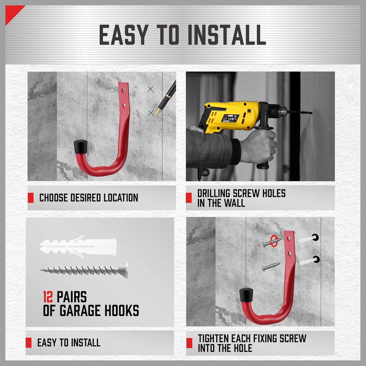 Red heavy duty garage storage utility hooks set for wall mounting tools, ladders, hoses, and bags.