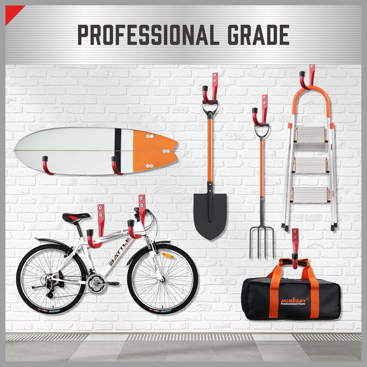 Red heavy duty garage storage utility hooks set for wall mounting tools, ladders, hoses, and bags.