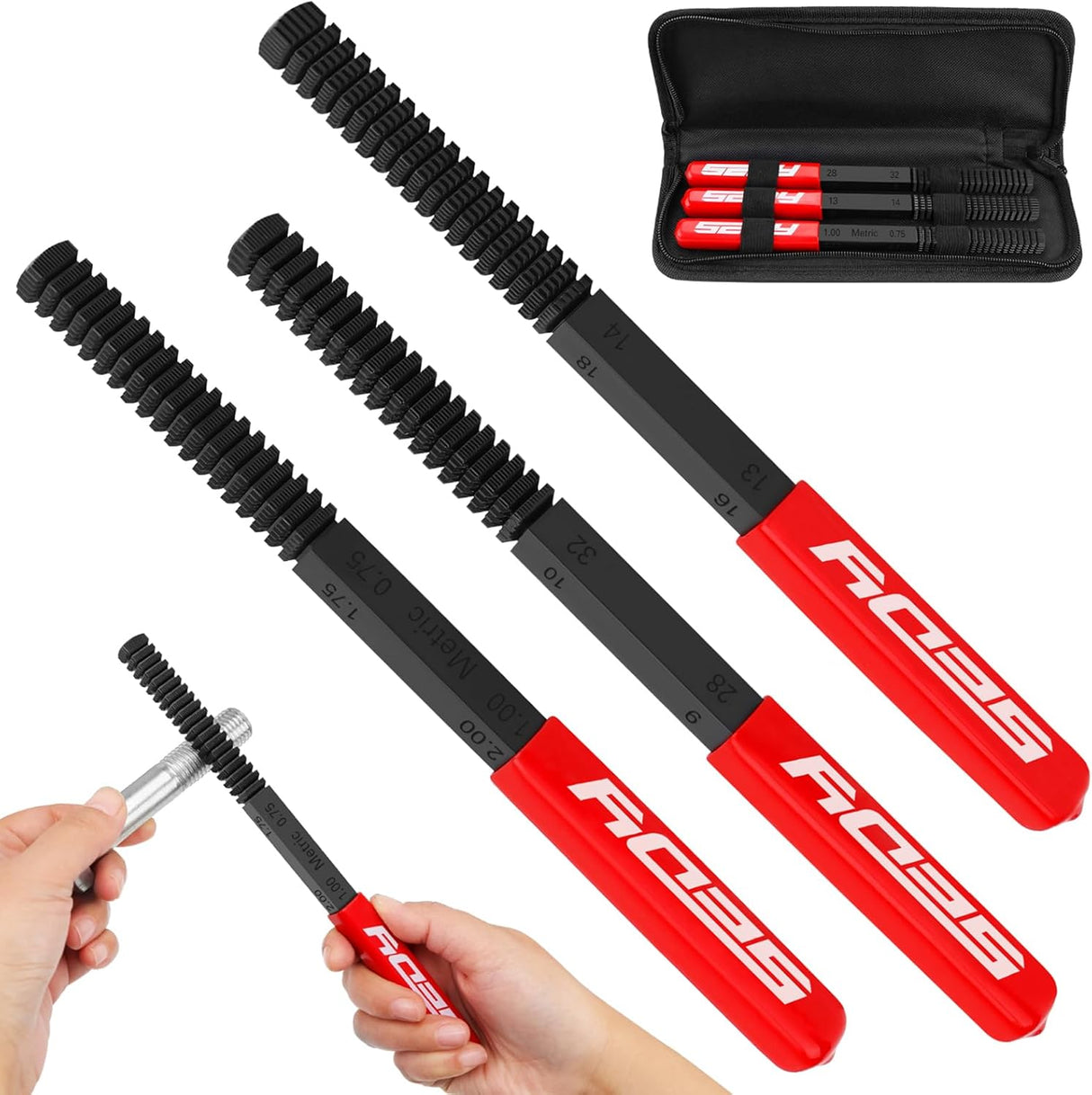 3-piece thread restoring file set for metric and SAE repair, includes red-handled files and carrying pouch, ideal for bolts, screws, studs, and plumbing threads.