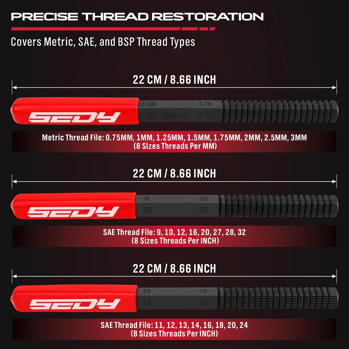 3-piece thread restoring file set for metric and SAE repair, includes red-handled files and carrying pouch, ideal for bolts, screws, studs, and plumbing threads.