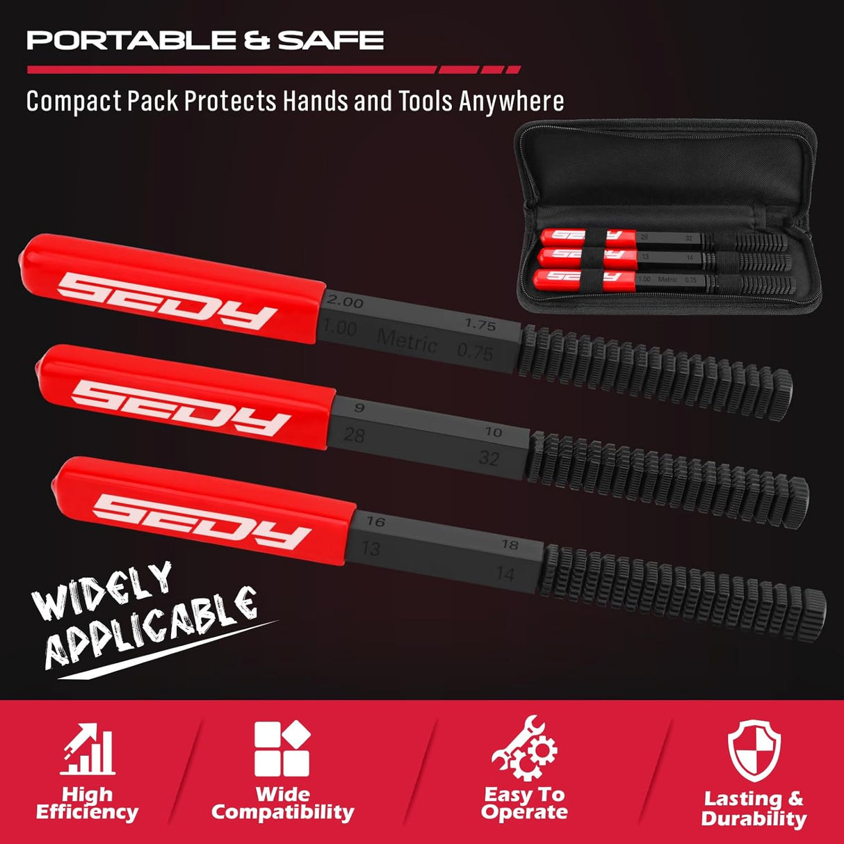 3-piece thread restoring file set for metric and SAE repair, includes red-handled files and carrying pouch, ideal for bolts, screws, studs, and plumbing threads.