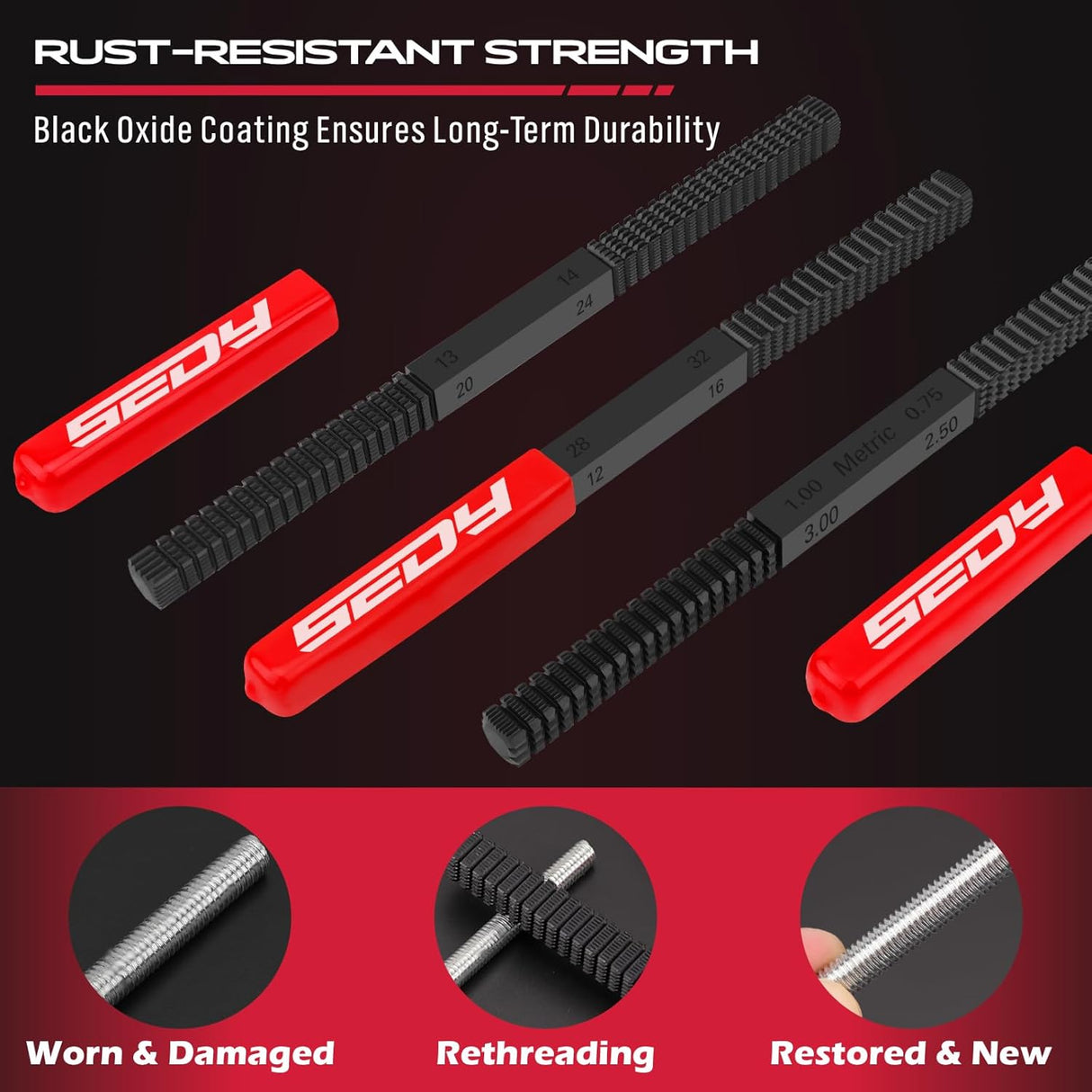 3-piece thread restoring file set for metric and SAE repair, includes red-handled files and carrying pouch, ideal for bolts, screws, studs, and plumbing threads.