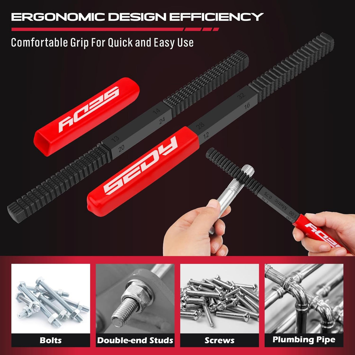 3-piece thread restoring file set for metric and SAE repair, includes red-handled files and carrying pouch, ideal for bolts, screws, studs, and plumbing threads.