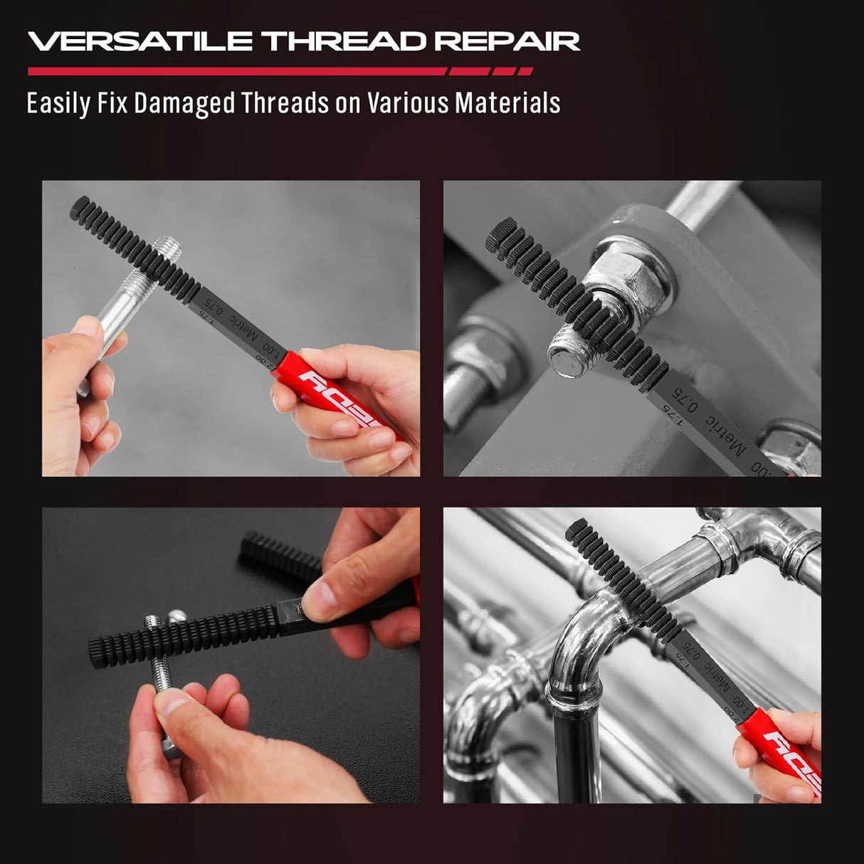 3-piece thread restoring file set for metric and SAE repair, includes red-handled files and carrying pouch, ideal for bolts, screws, studs, and plumbing threads.