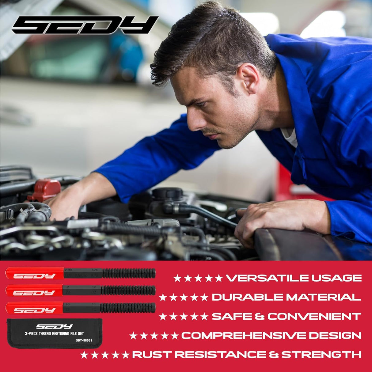 3-piece thread restoring file set for metric and SAE repair, includes red-handled files and carrying pouch, ideal for bolts, screws, studs, and plumbing threads.