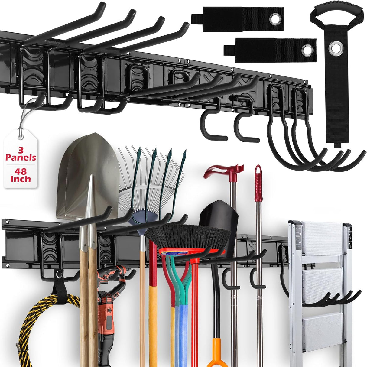 48-inch heavy duty garage wall organizer with 3 wall-mount panels, 8 adjustable steel hooks and 3 straps, holds up to 300 lbs for garden and garage tools.