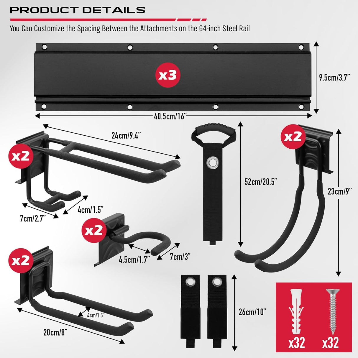 48-inch heavy duty garage wall organizer with 3 wall-mount panels, 8 adjustable steel hooks and 3 straps, holds up to 300 lbs for garden and garage tools.