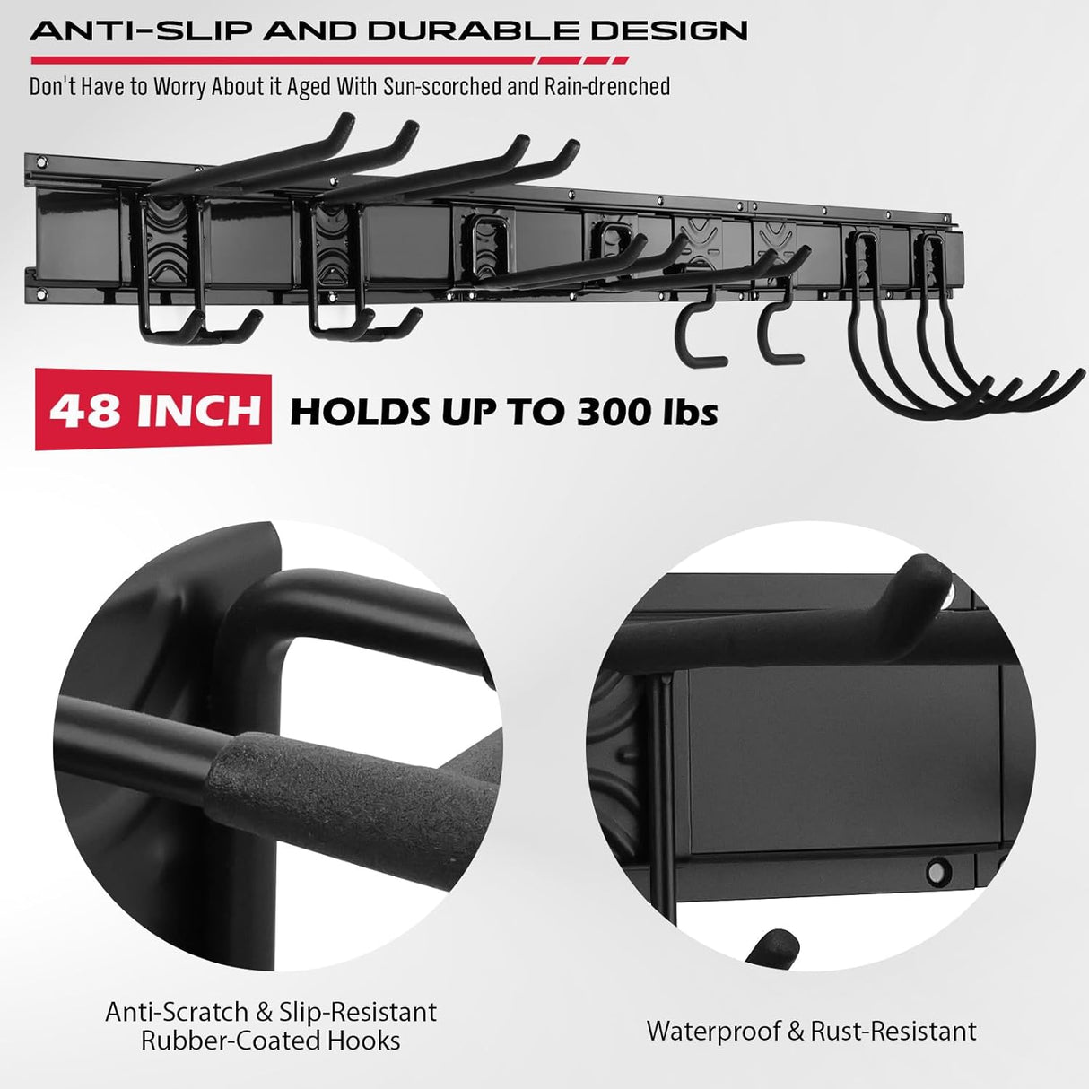 48-inch heavy duty garage wall organizer with 3 wall-mount panels, 8 adjustable steel hooks and 3 straps, holds up to 300 lbs for garden and garage tools.