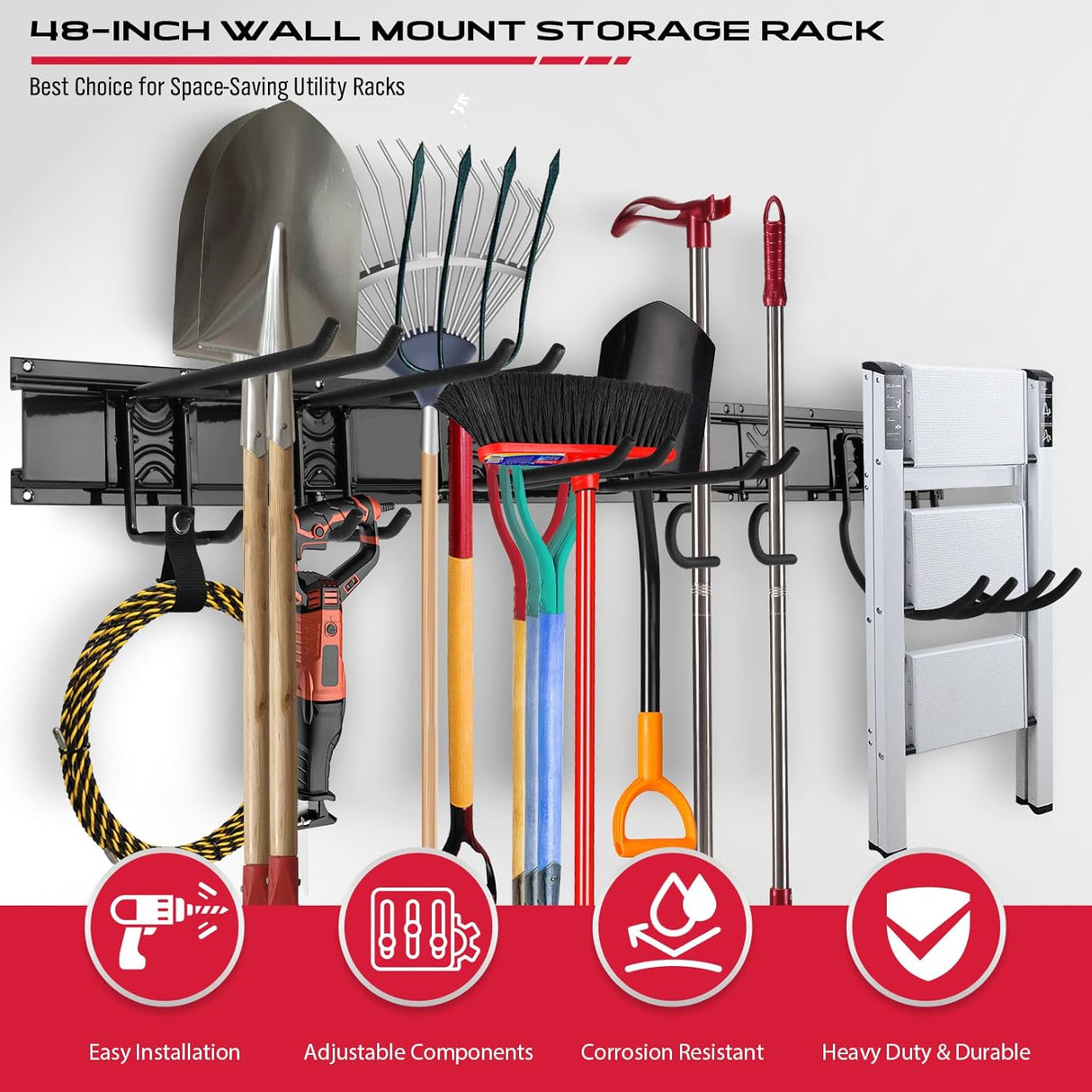 48-inch heavy duty garage wall organizer with 3 wall-mount panels, 8 adjustable steel hooks and 3 straps, holds up to 300 lbs for garden and garage tools.