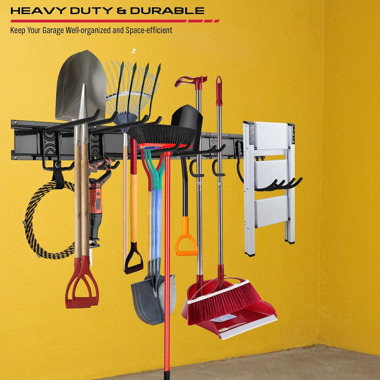 48-inch heavy duty garage wall organizer with 3 wall-mount panels, 8 adjustable steel hooks and 3 straps, holds up to 300 lbs for garden and garage tools.