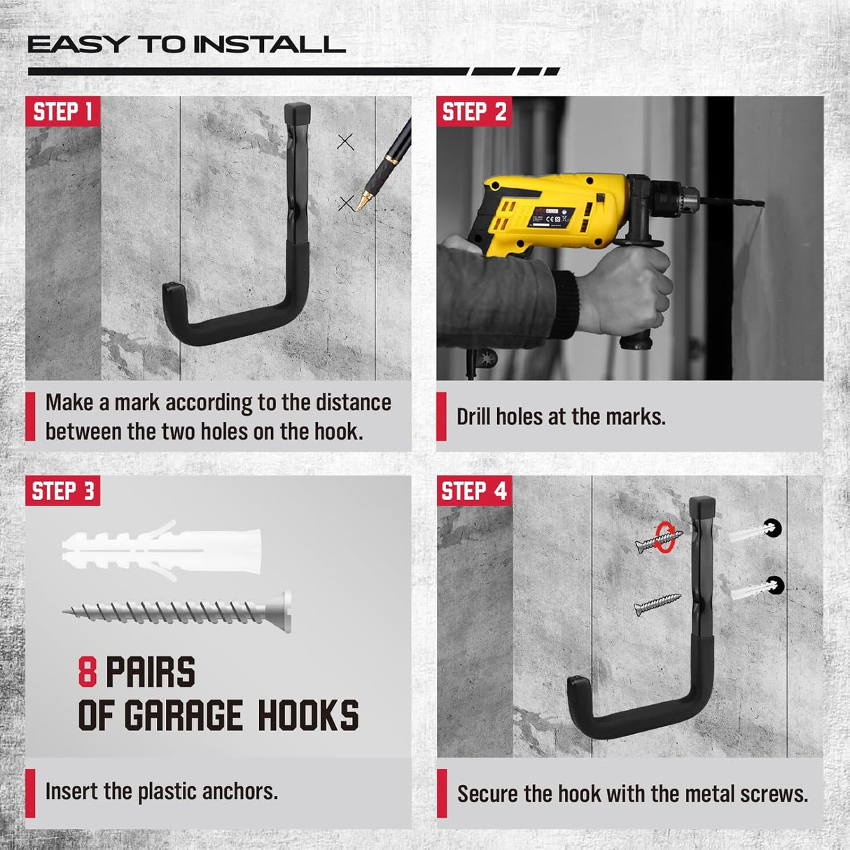 SEDY 6-inch heavy duty J utility wall mount garage hooks for bikes, ladders, and garden tools, holds up to 88LB