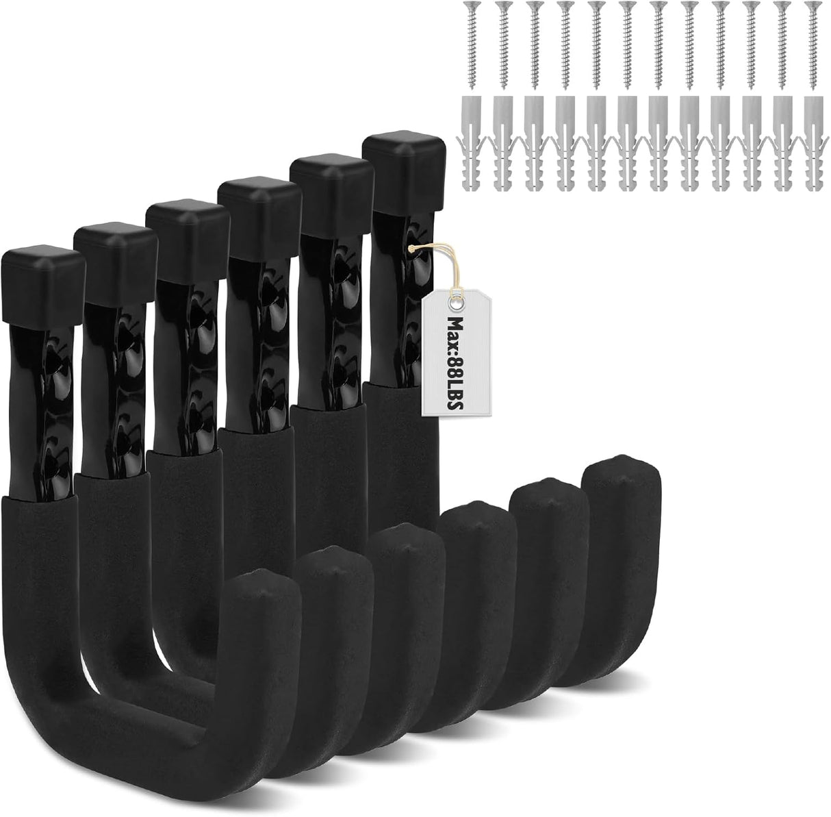 SEDY 6-pack heavy duty wall mount garage hooks for organizing bikes, ladders, and tools, with non-slip PVC coating and 88LB load capacity per hook