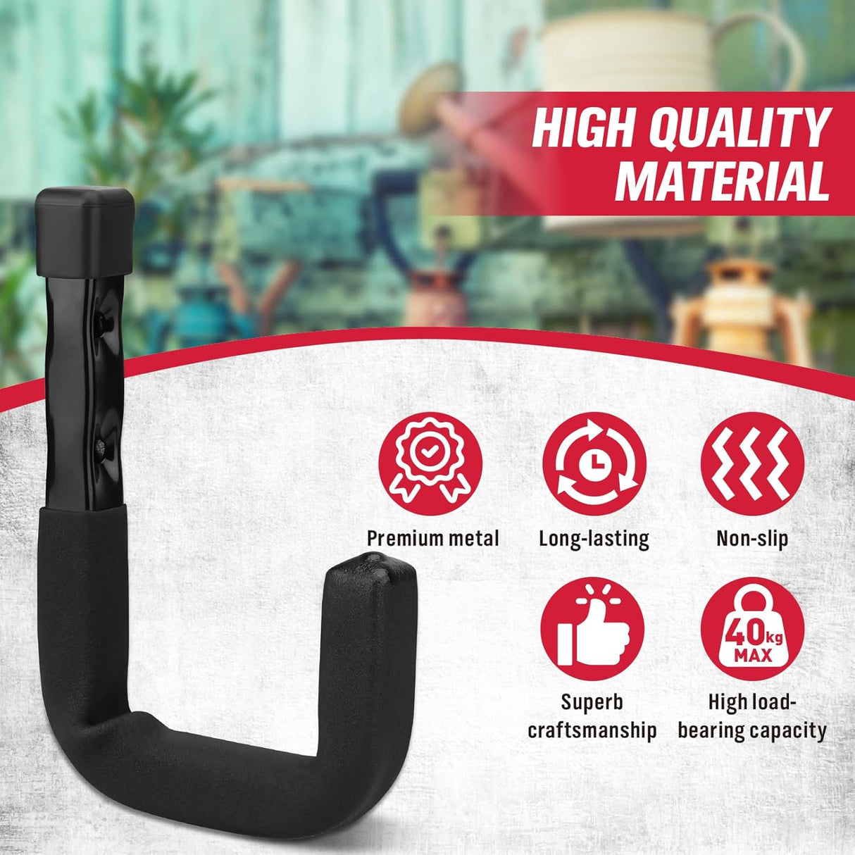 SEDY 6-pack heavy duty wall mount garage hooks for organizing bikes, ladders, and tools, with non-slip PVC coating and 88LB load capacity per hook