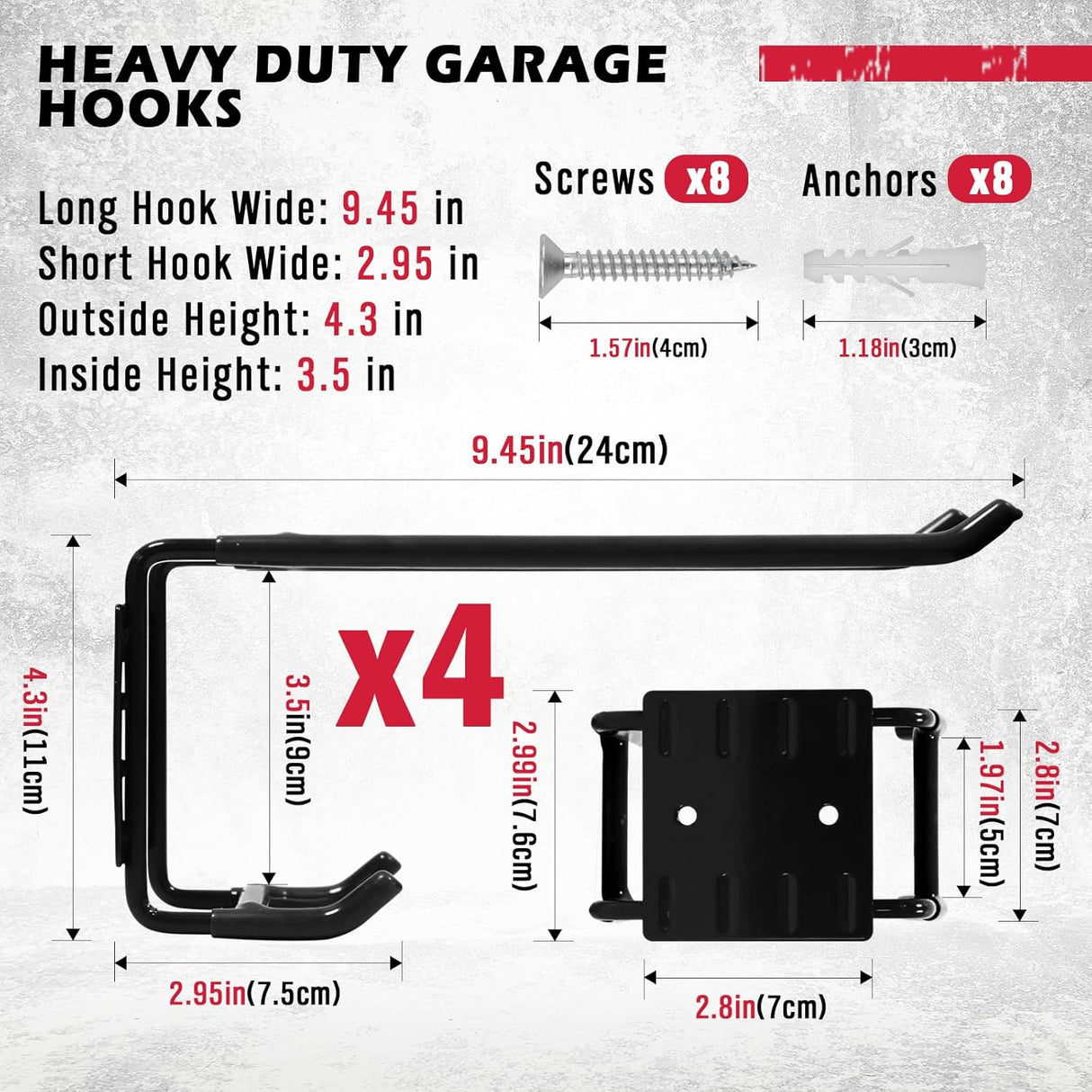 Heavy Duty 4-Piece Garage Storage Hooks, Wall Mount, Non-Slip PVC Coating, Maximum Load Capacity 55LBS/25KG - Set of 4