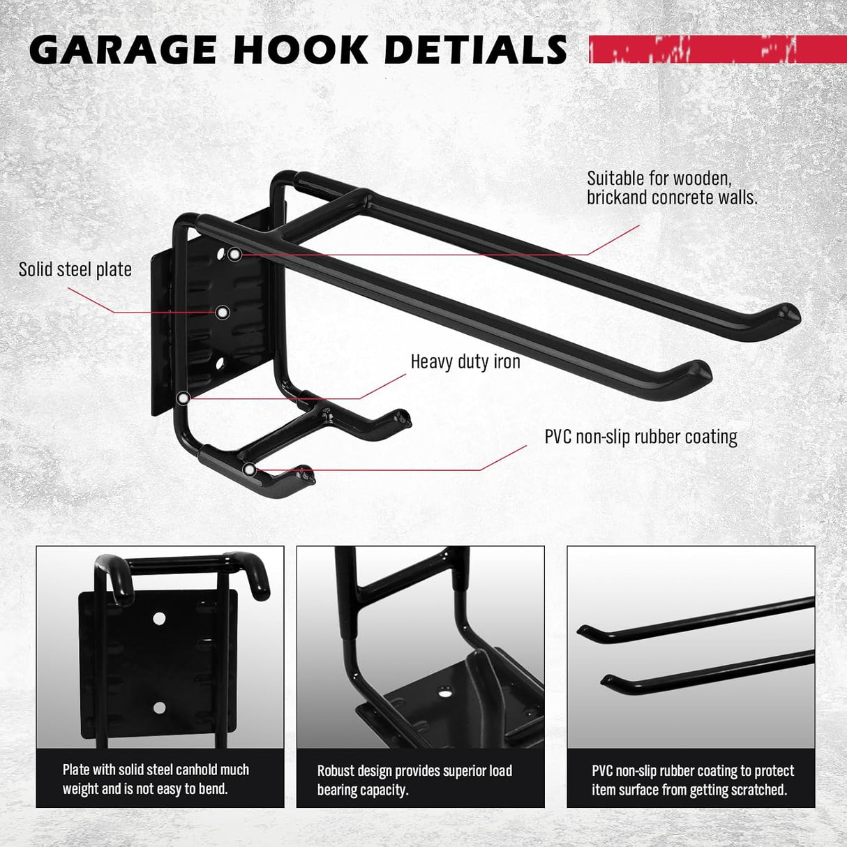 Heavy Duty 4-Piece Garage Storage Hooks, Wall Mount, Non-Slip PVC Coating, Maximum Load Capacity 55LBS/25KG - Set of 4