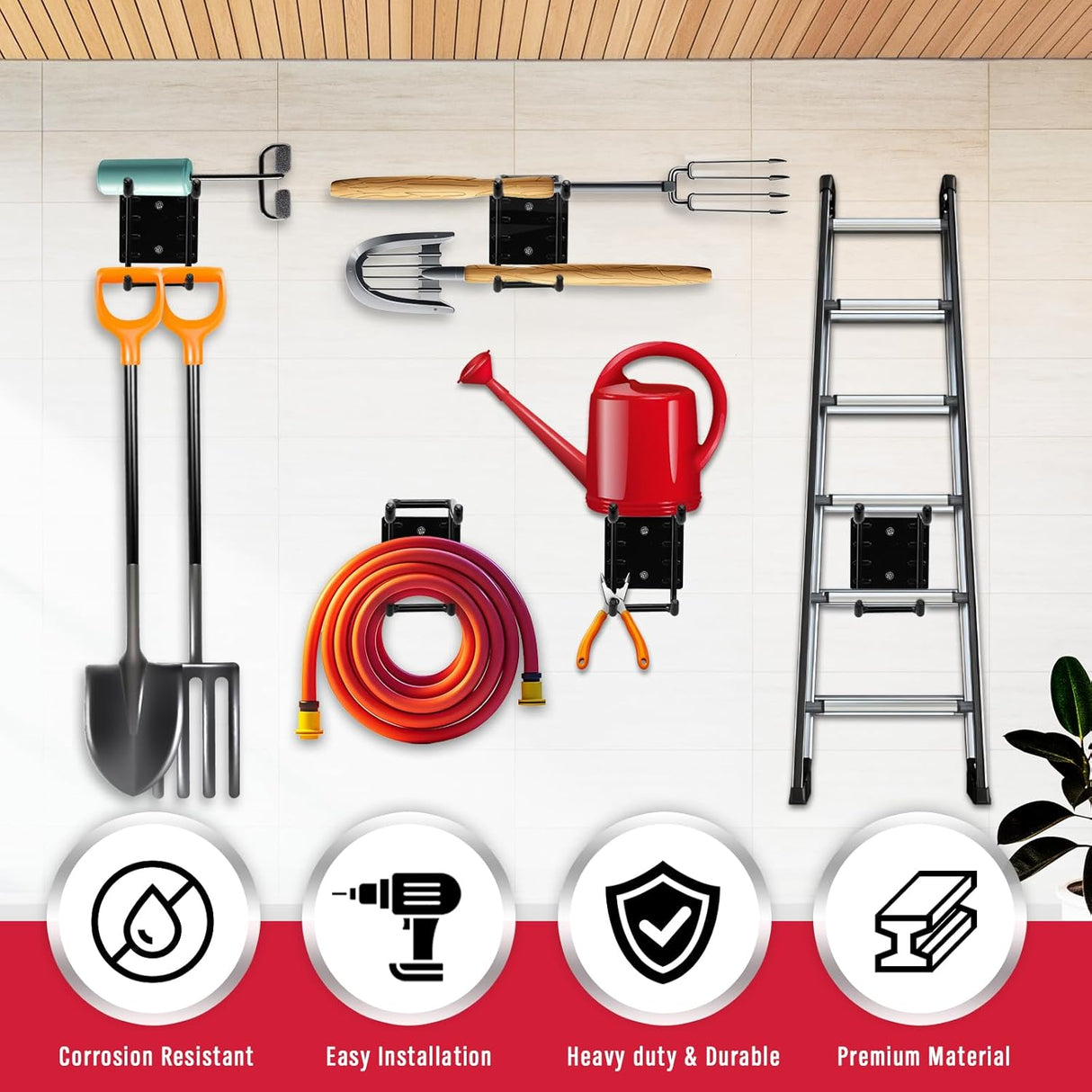 Heavy Duty 4-Piece Garage Storage Hooks, Wall Mount, Non-Slip PVC Coating, Maximum Load Capacity 55LBS/25KG - Set of 4