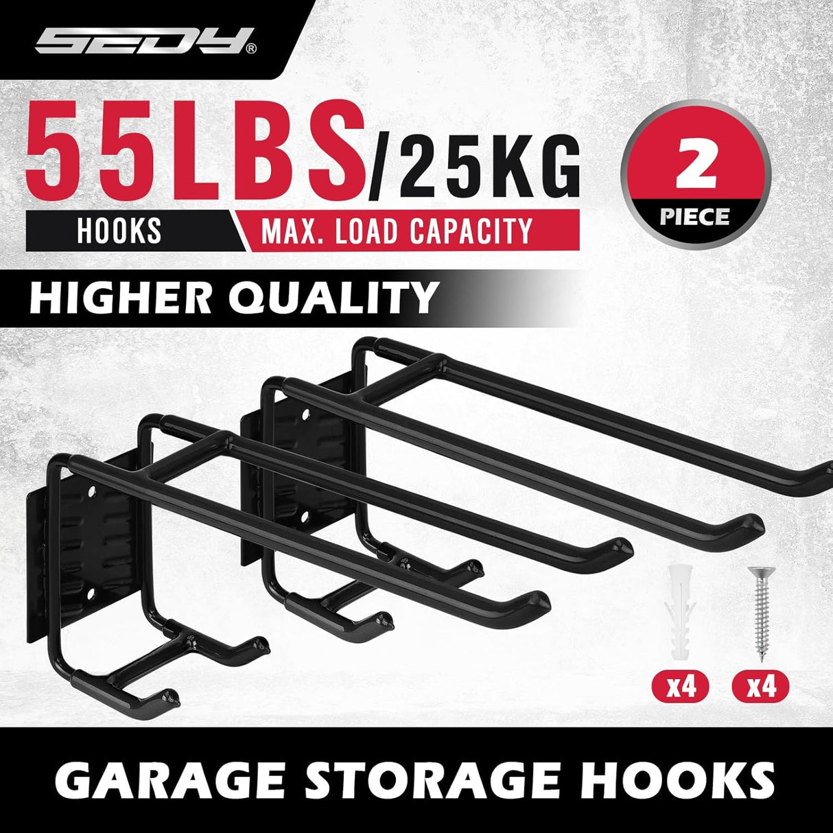 Heavy Duty Garage Storage Hooks, Wall Mount, Non-Slip PVC Coating, Maximum Load Capacity 55LBS/25KG - Set of 2