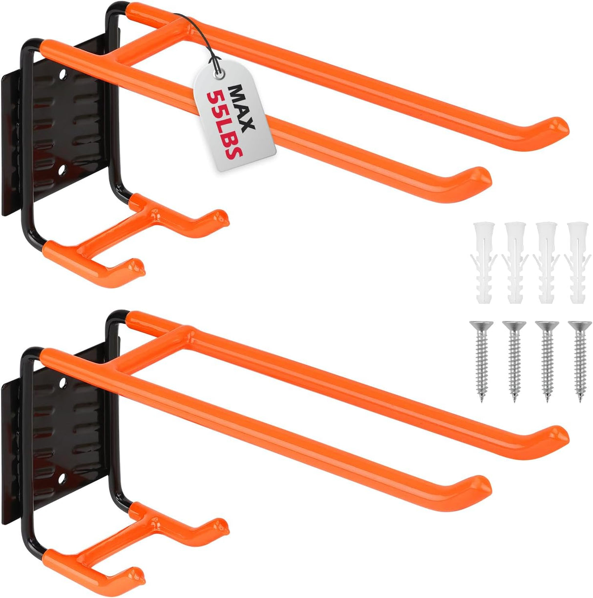 Heavy Duty Orange Garage Storage Hooks, Wall Mount, Non-Slip PVC Coating, Maximum Load Capacity 55LBS/25KG - Set of 2