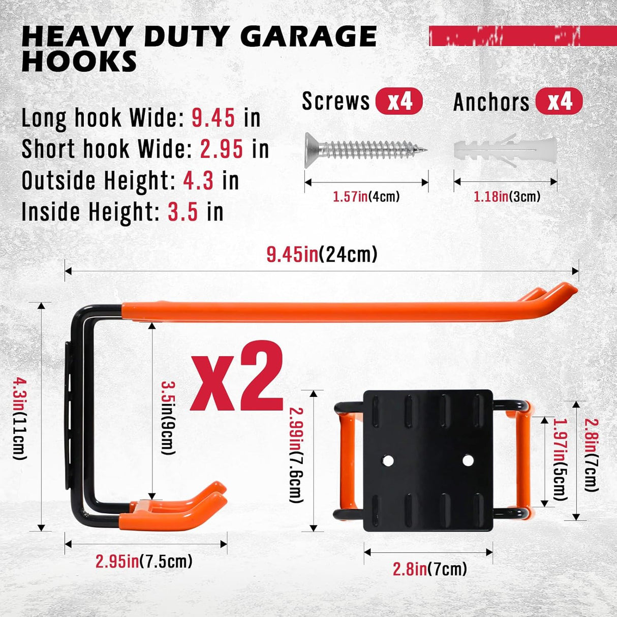 Heavy Duty Orange Garage Storage Hooks, Wall Mount, Non-Slip PVC Coating, Maximum Load Capacity 55LBS/25KG - Set of 2