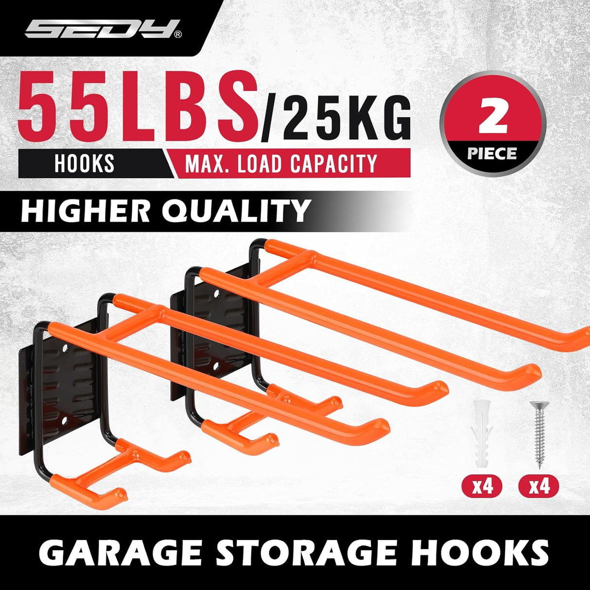 Heavy Duty Orange Garage Storage Hooks, Wall Mount, Non-Slip PVC Coating, Maximum Load Capacity 55LBS/25KG - Set of 2