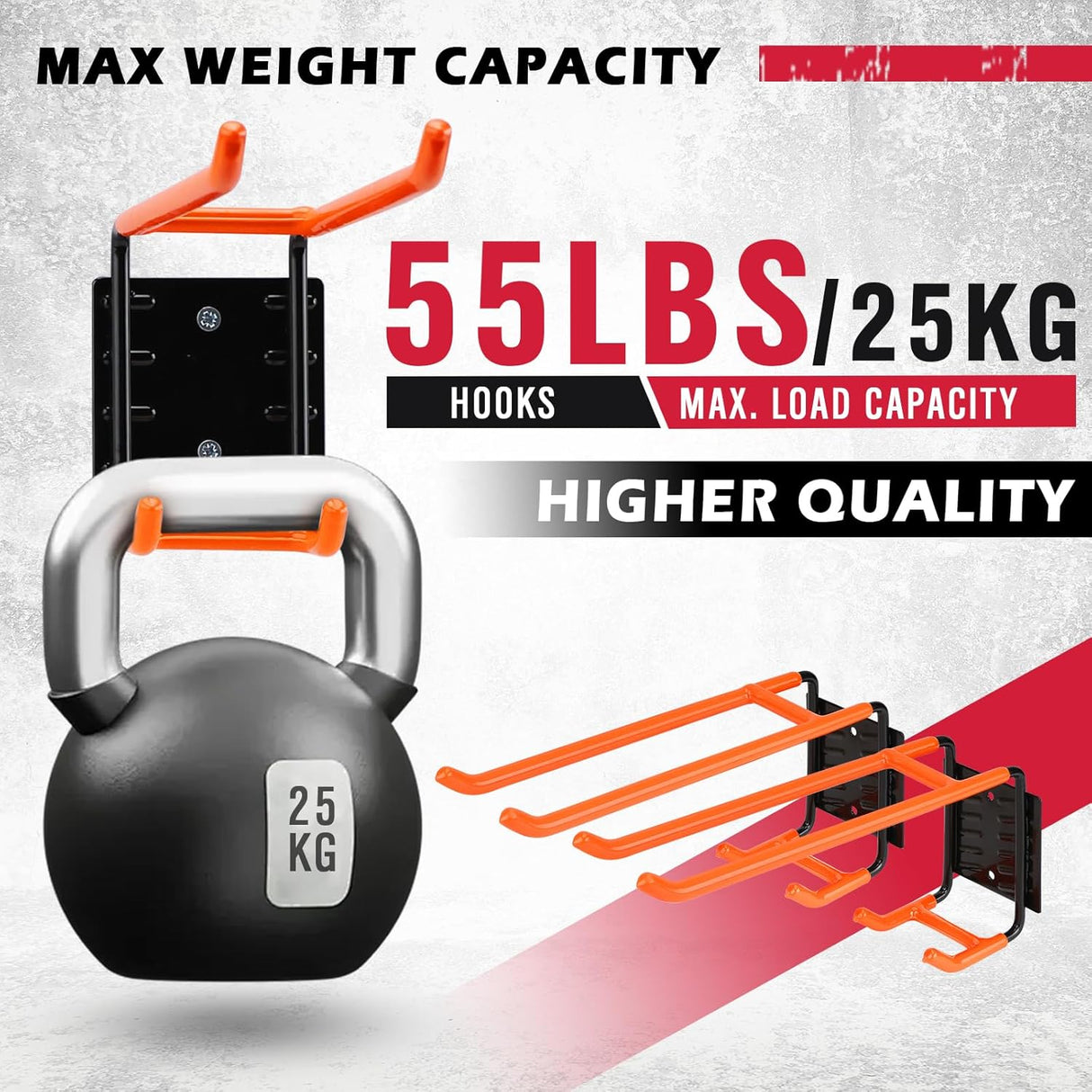 Heavy Duty Orange Garage Storage Hooks, Wall Mount, Non-Slip PVC Coating, Maximum Load Capacity 55LBS/25KG - Set of 2