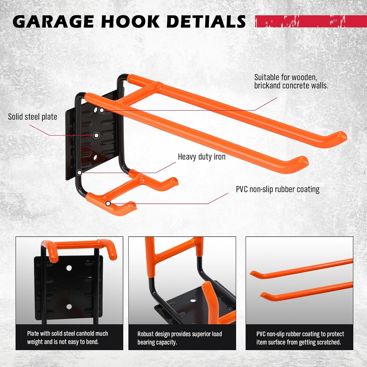 Heavy Duty Orange Garage Storage Hooks, Wall Mount, Non-Slip PVC Coating, Maximum Load Capacity 55LBS/25KG - Set of 2