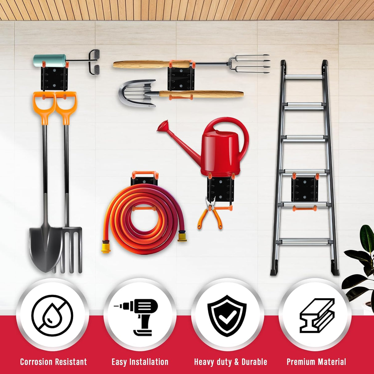 Heavy Duty Orange Garage Storage Hooks, Wall Mount, Non-Slip PVC Coating, Maximum Load Capacity 55LBS/25KG - Set of 2