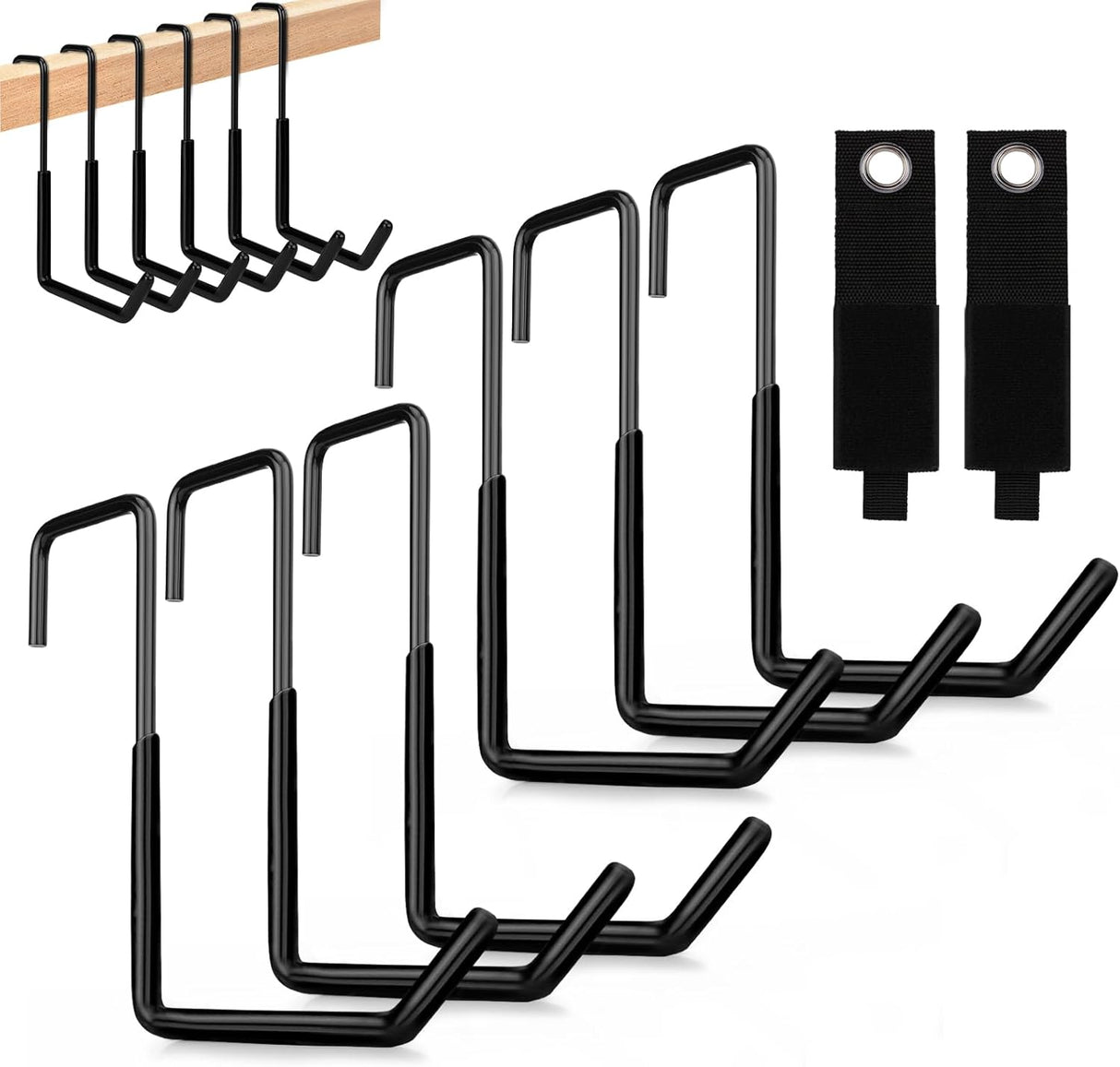6-Piece Heavy Duty Rafter Hanger Hooks with Extension Straps, Vinyl Coated, Max Load 55LBS, for Garage, Bike, Ladder, and Garden Tool Storage - Black