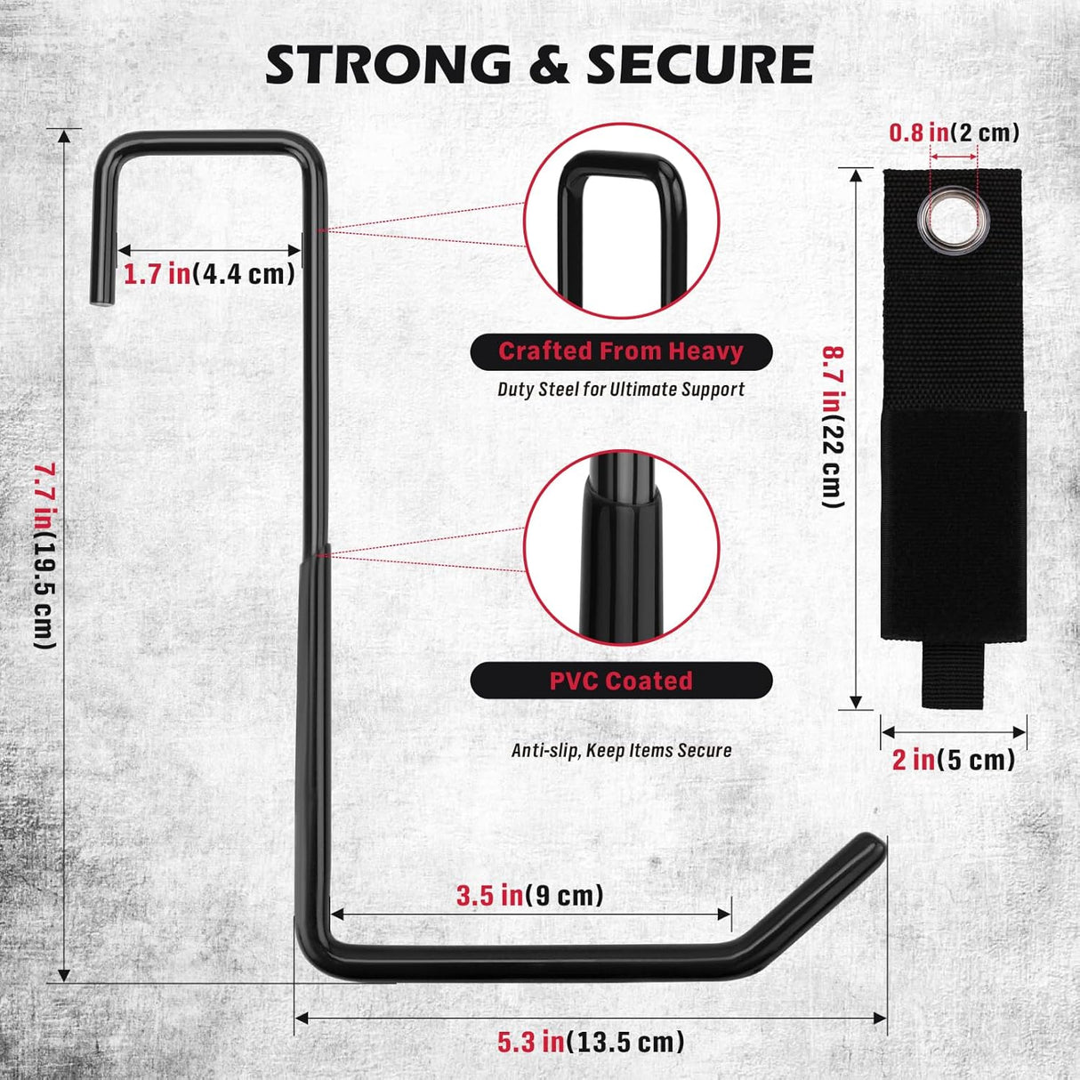 6-Piece Heavy Duty Rafter Hanger Hooks with Extension Straps, Vinyl Coated, Max Load 55LBS, for Garage, Bike, Ladder, and Garden Tool Storage - Black