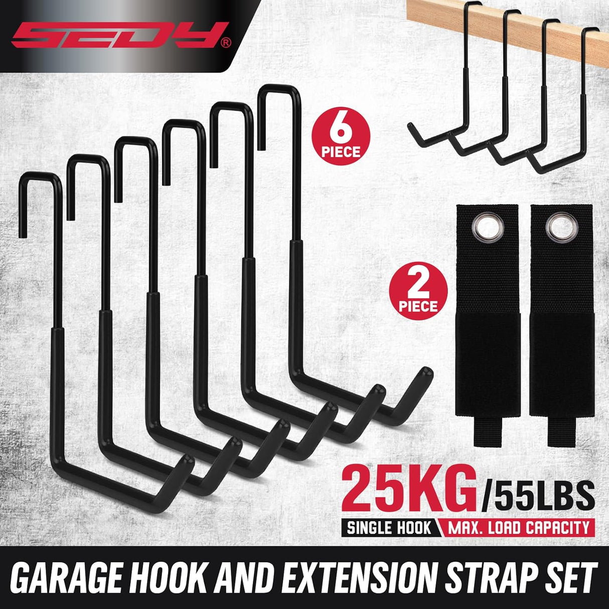 6-Piece Heavy Duty Rafter Hanger Hooks with Extension Straps, Vinyl Coated, Max Load 55LBS, for Garage, Bike, Ladder, and Garden Tool Storage - Black