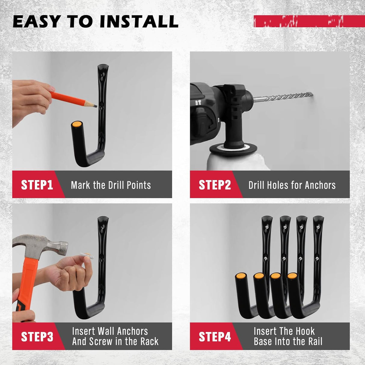 Heavy-duty garage storage hooks set of 4 with rubber coating, wall-mount design, ideal for ladders, bikes, kayaks, and tools