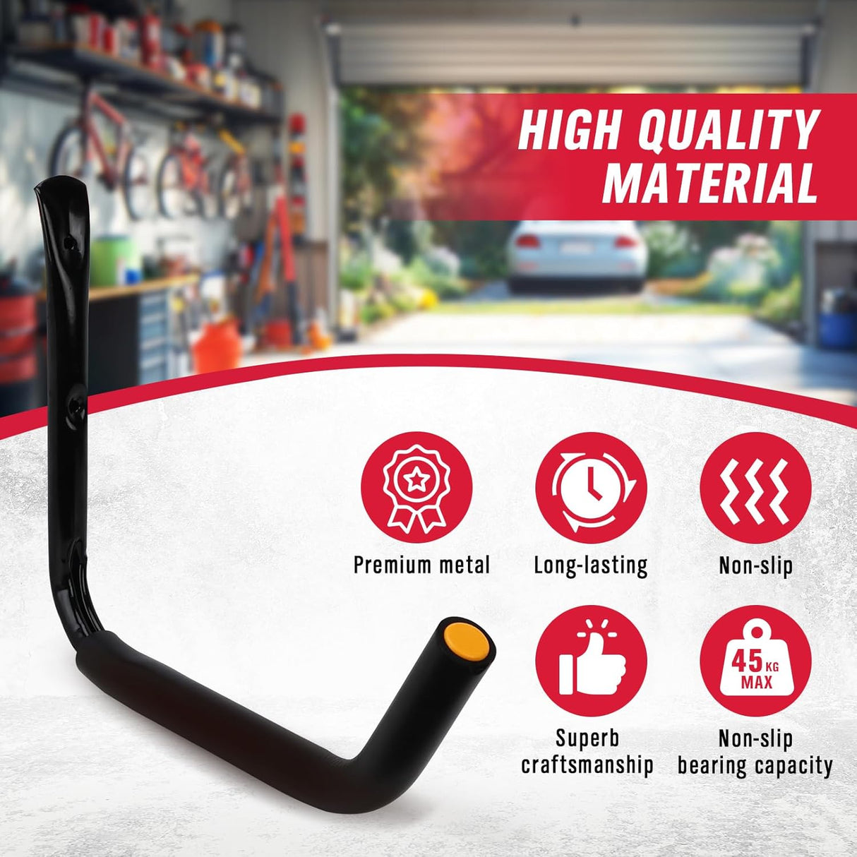 Heavy-duty garage storage hooks set of 4 with rubber coating, wall-mount design, ideal for ladders, bikes, kayaks, and tools