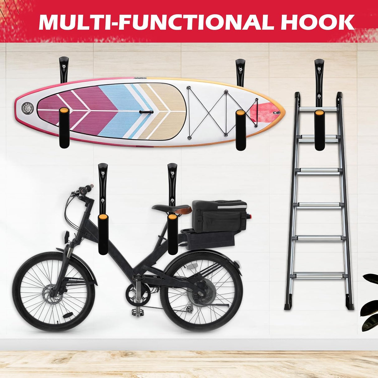 Heavy-duty garage storage hooks set of 4 with rubber coating, wall-mount design, ideal for ladders, bikes, kayaks, and tools