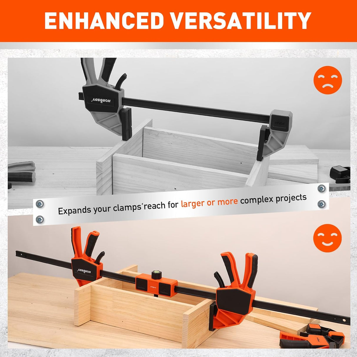 HORUSDY clamp connector with built-in level and adjustable knob, compatible with woodworking bar clamps