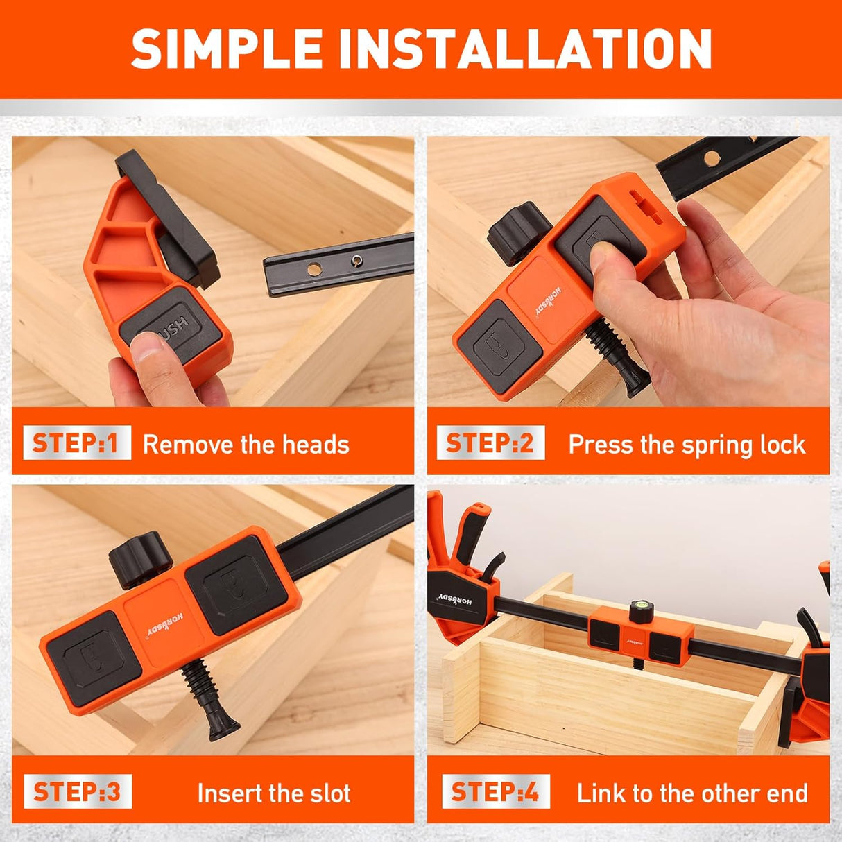 HORUSDY clamp connector with built-in level and adjustable knob, compatible with woodworking bar clamps
