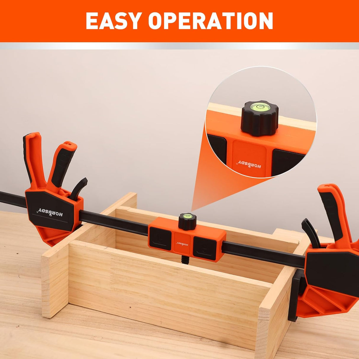 HORUSDY clamp connector with built-in level and adjustable knob, compatible with woodworking bar clamps