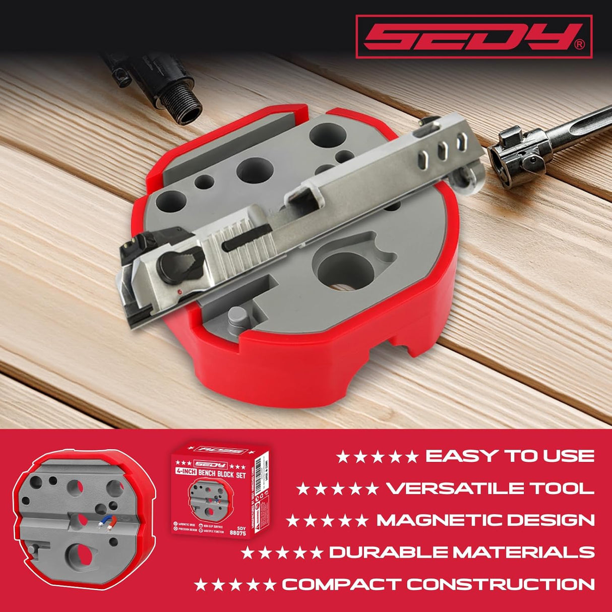 SEDY 4-inch magnetic bench block set with double-sided design for firearm maintenance, gunsmithing, and pin or sight removal