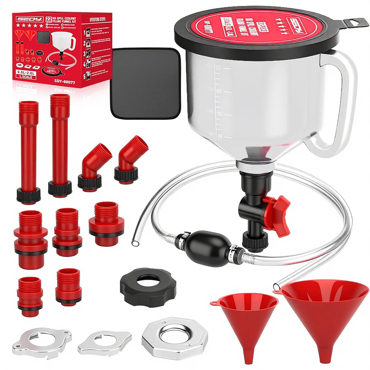 SEDY 22-piece no spill coolant funnel kit with adapters and shut-off valve for clean and precise radiator fluid filling in cars and trucks