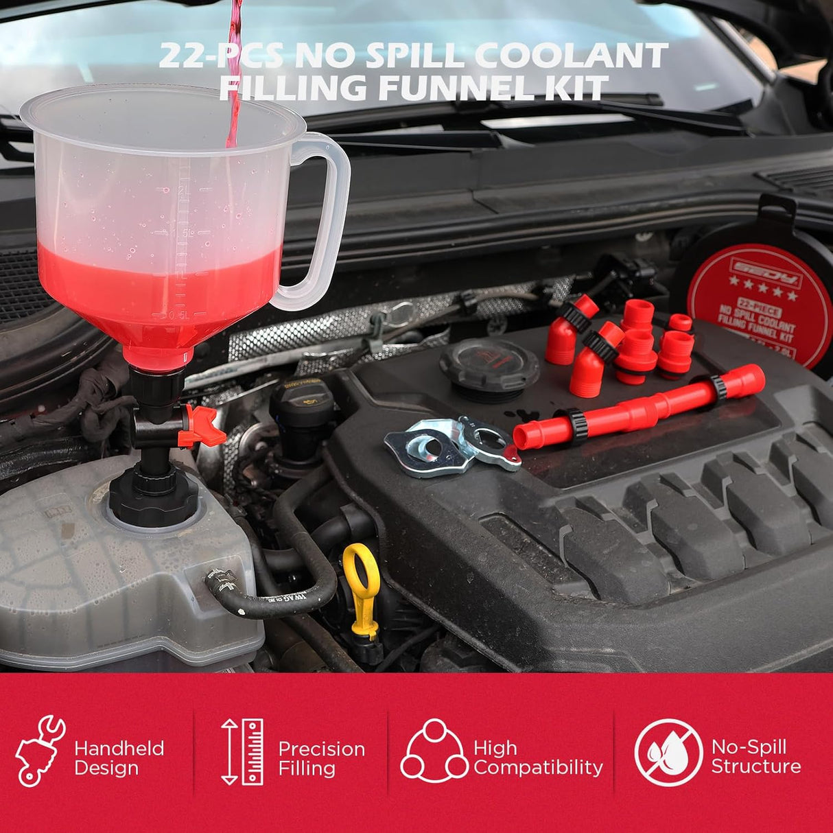 SEDY 22-piece no spill coolant funnel kit with adapters and shut-off valve for clean and precise radiator fluid filling in cars and trucks