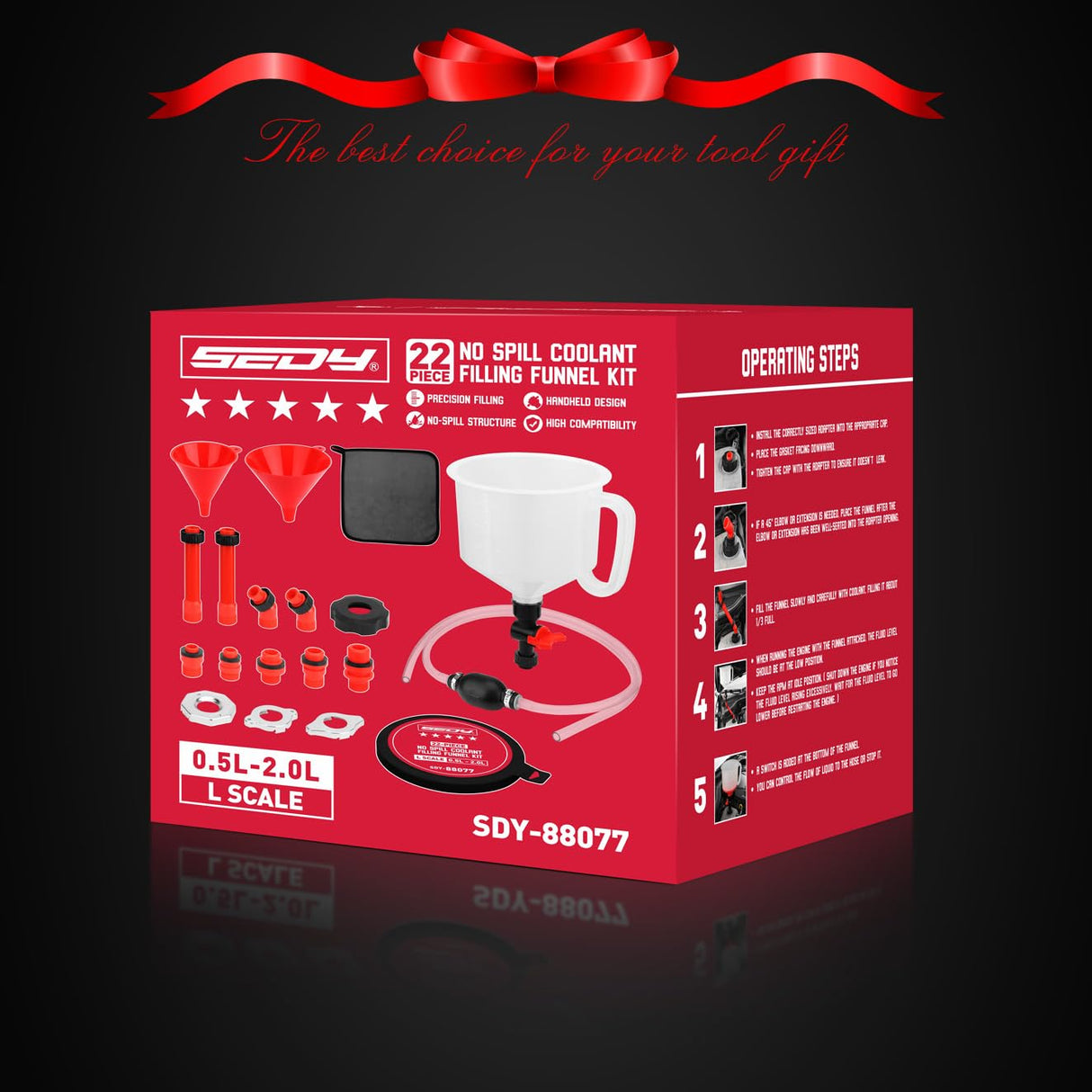 SEDY 22-piece no spill coolant funnel kit with adapters and shut-off valve for clean and precise radiator fluid filling in cars and trucks