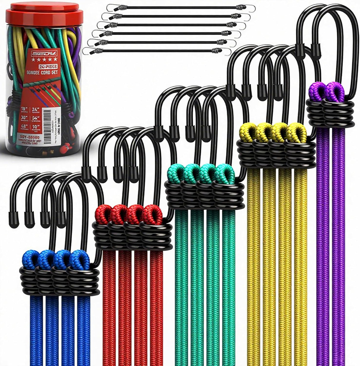 Heavy-duty SEDY bungee cords with strong coated steel hooks and premium elastic latex core, ideal for cargo, camping, and organization