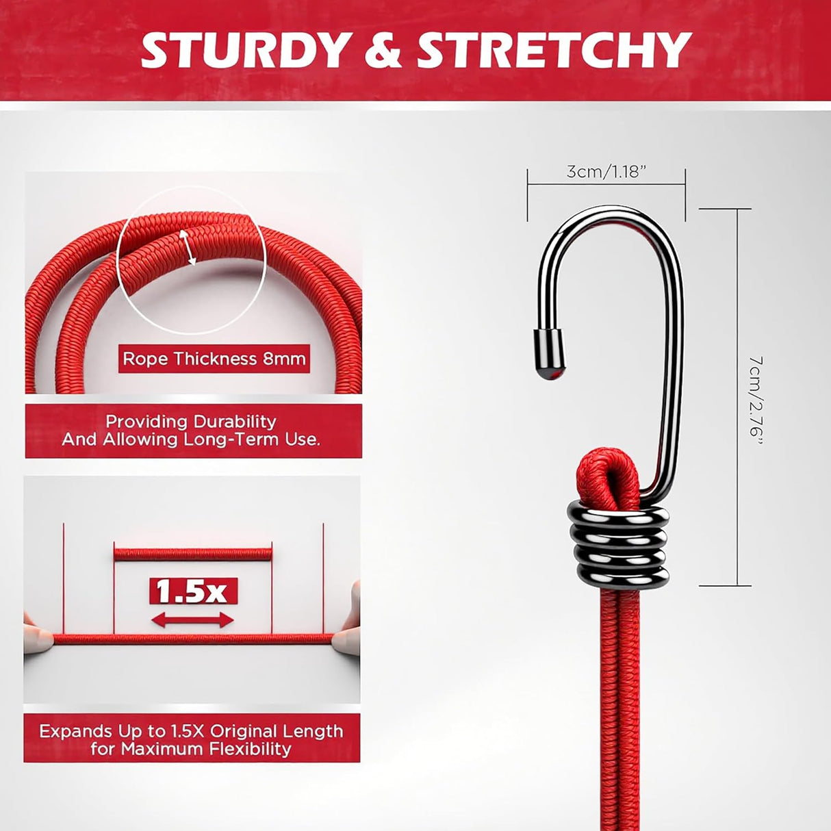 Heavy-duty SEDY bungee cords with strong coated steel hooks and premium elastic latex core, ideal for cargo, camping, and organization